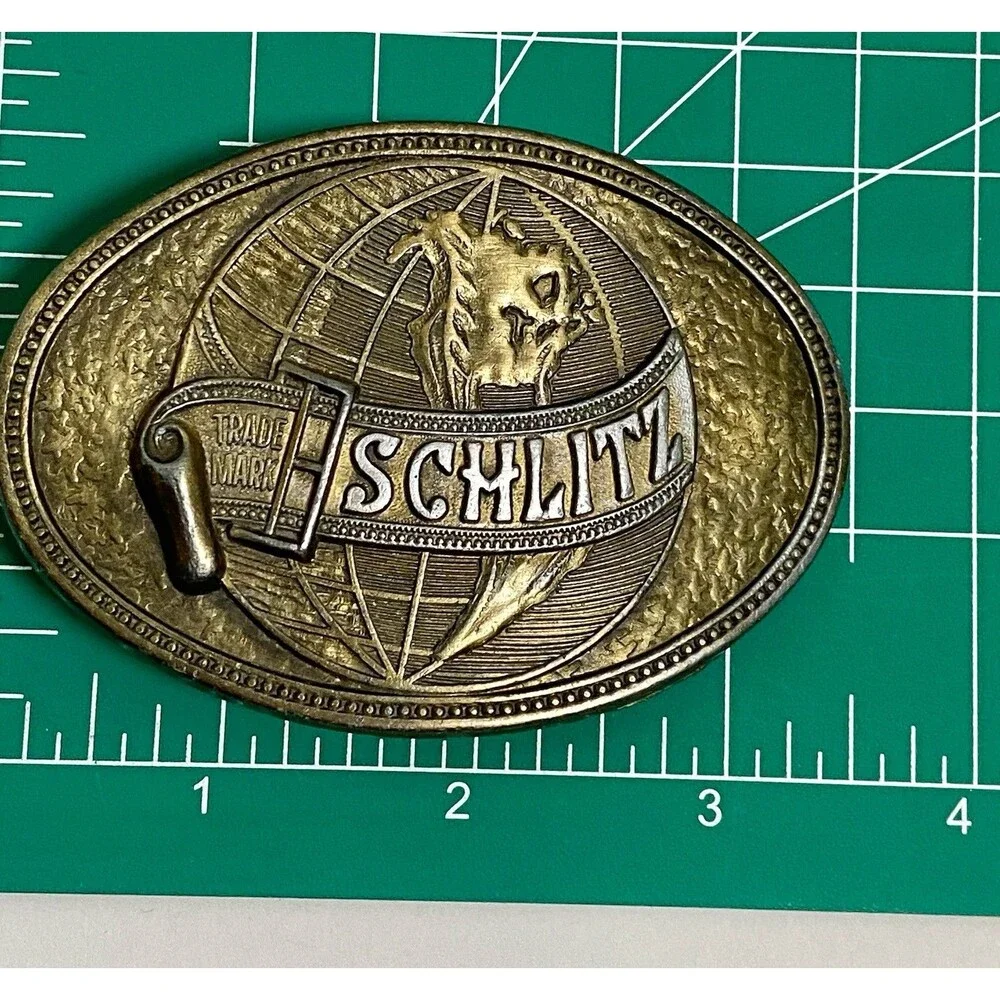 Vintage Brass Belt Buckle Schlitz Beer  With Globe Logo 3-1/2”